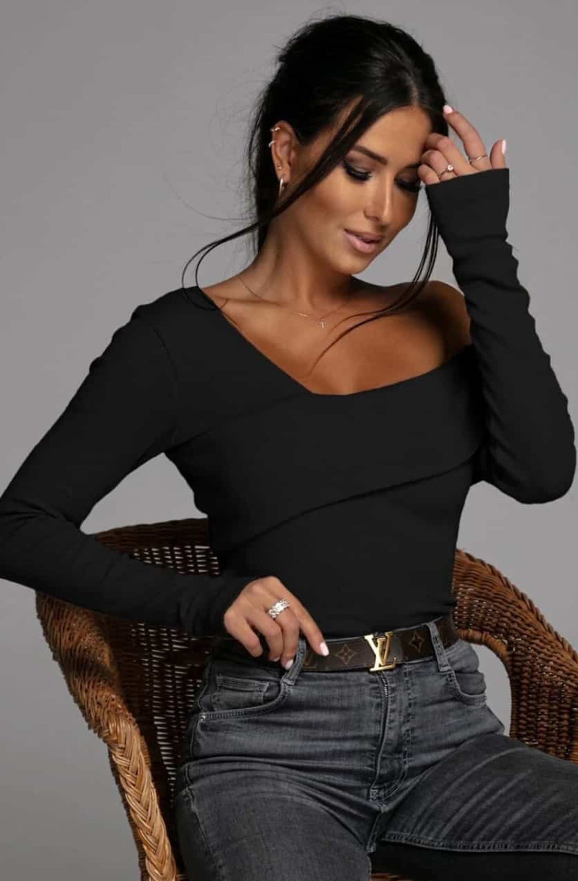 Megan Ribbed Long Sleeve Top Black