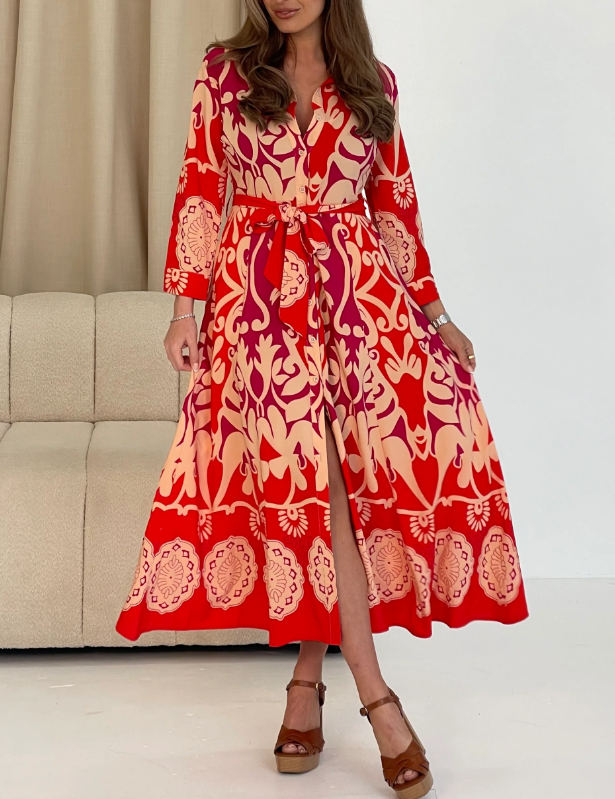 Ada Red Abstract Wrap Dress