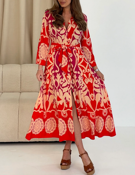 Ada Red Abstract Wrap Dress