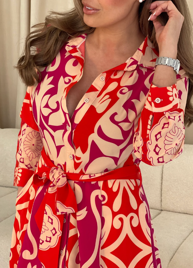 Ada Red Abstract Wrap Dress
